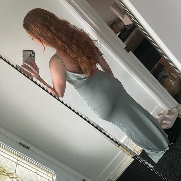 LONG MAXI TEAL DRESS SLIT ON THE SIDE OPEN BACK, SMALL - Picture 4 of 5